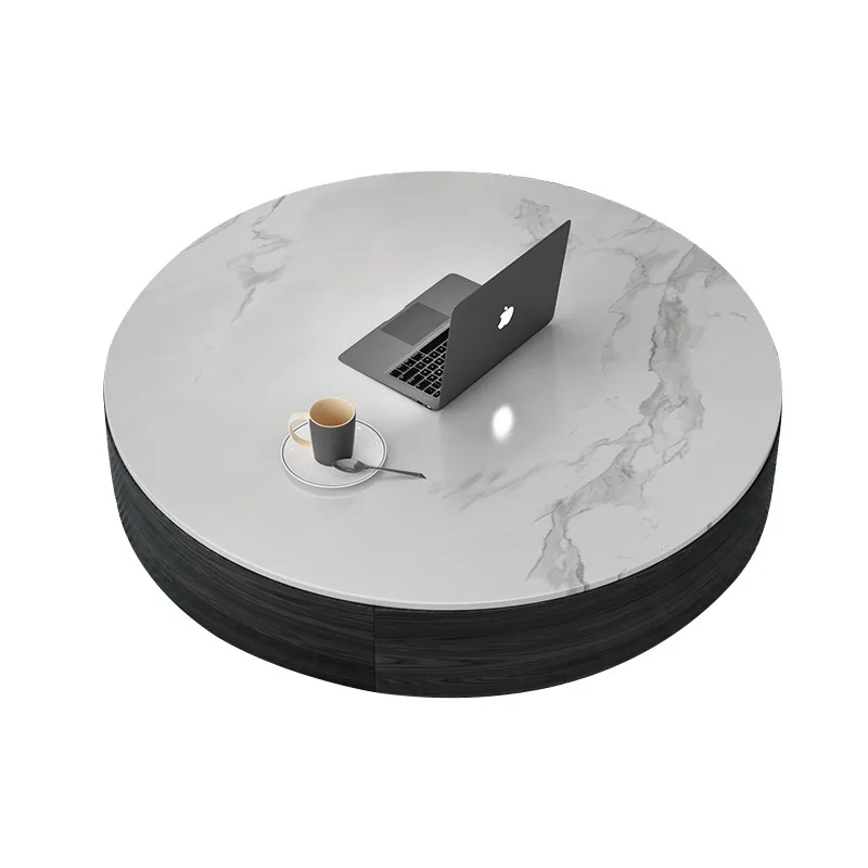 

Household, living room, single rock slab, round coffee table Italian, minimalist, pure black, white, gold, foot solid wood