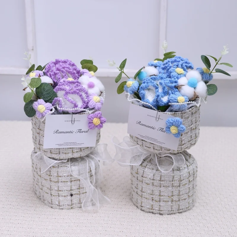 Fleurs artificielles œillets plantes en peluche, Bouquets tricotés au Crochet, cadeaux pour la saint-valentin, anniversaire des mères