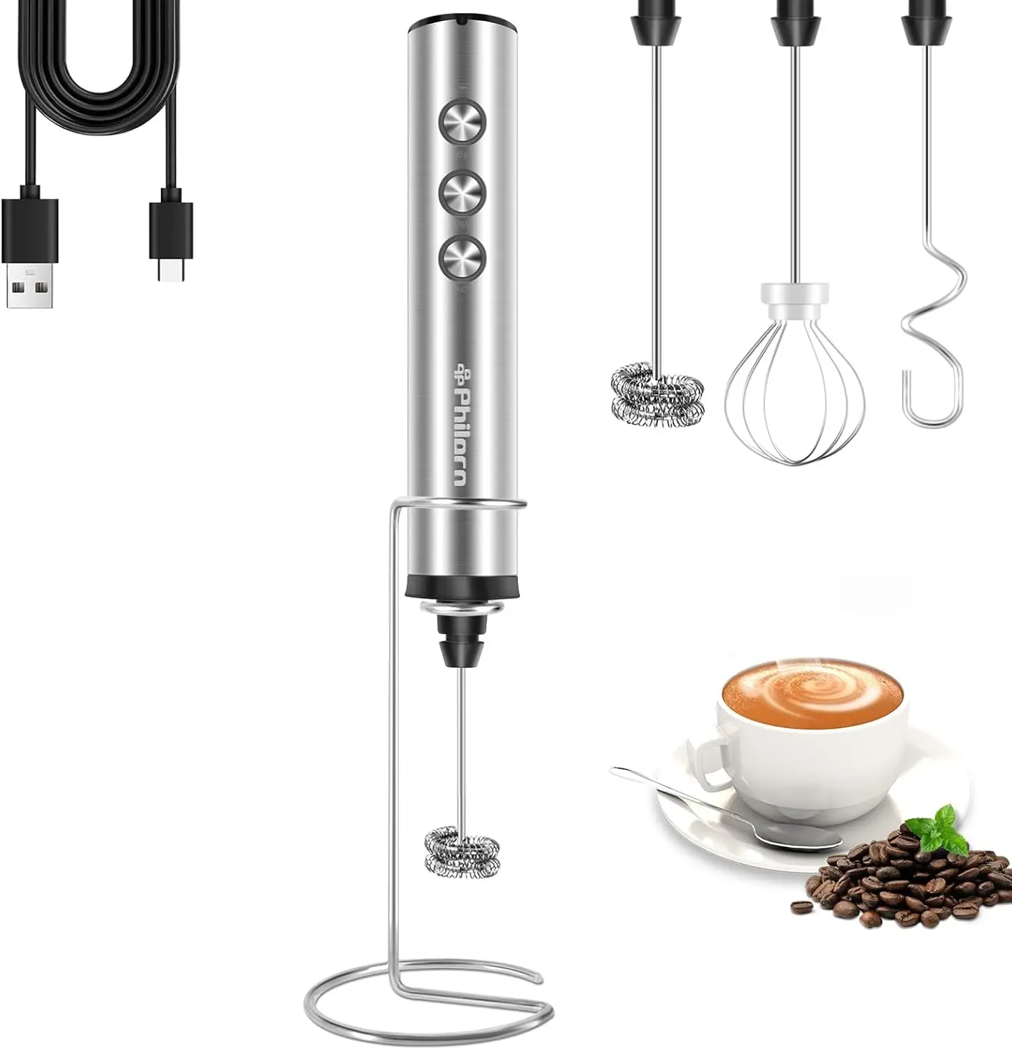 Rechargeable Milk Frother with Stand, 3 Speeds, 3 Heads, Handheld Electric Stirrer for Coffee, Latte, Cappuccino, Matcha, Almond Milk