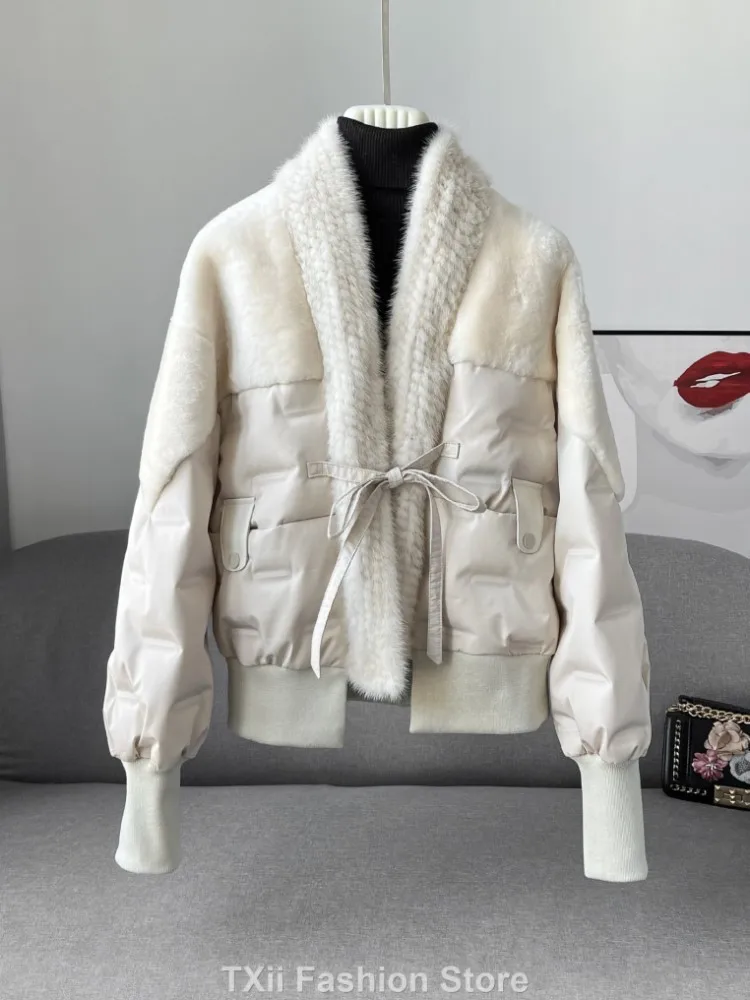 Fashion Warm White Duck Down Jacket Women Luxury Patchwork Real Mink Fur Collar Winter Outerwear Office Female Casual Short Coat