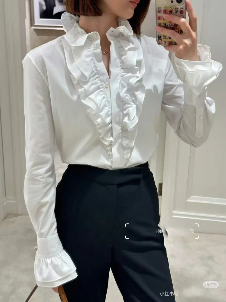 

2026ss spring luxury women casual white long sleeve ruffles shirt female high quality blouse tops