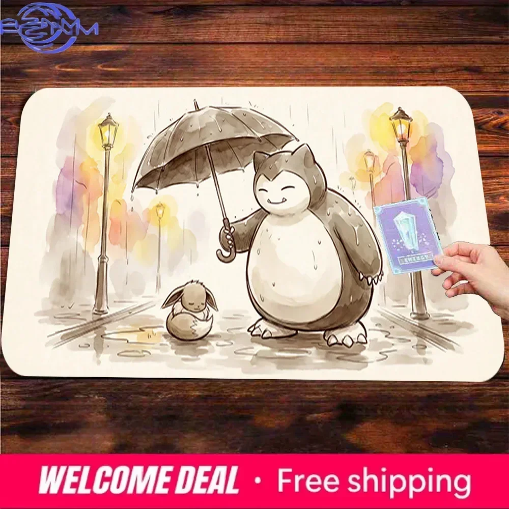 Alfombrilla de juego Pokémon Snorlax y Eevee con diseño de paraguas para lluvia, de goma suave, antideslizante, impermeable, para mesa, para jugar a cartas y como alfombrilla para el ratón.