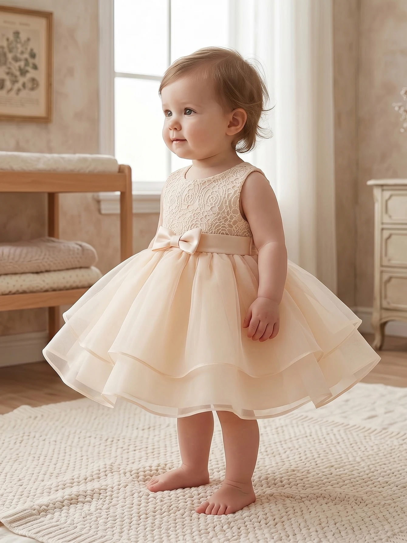 Infant Baptism Dress, Champagne Birthday Party Dress Lace Chiffon Formal Skirt, Wedding Festival Dress, Flower Girl Partywear