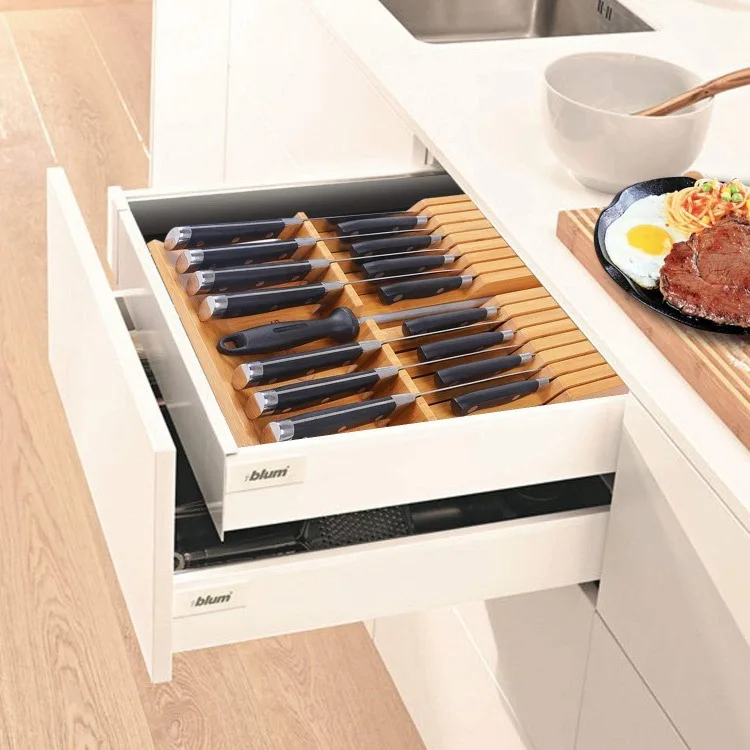 In-drawer Knife Block Bamboo Kitchen 16 Knife Drawer Organizer and Bamboo Expandable Cutlery Organizer Tray