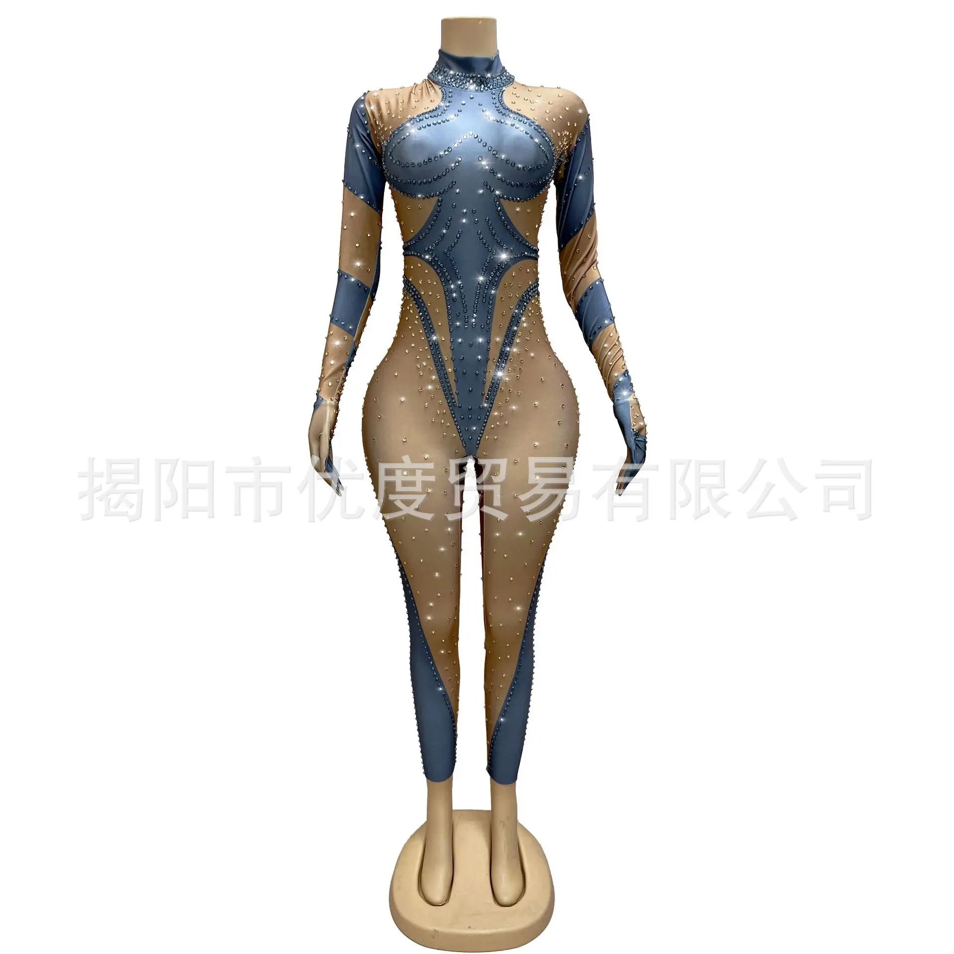 

Sexy Shiny Handmade Rhinestones Birthday Party Night Party Performance Belly Pocket Jumpsuit Vestidos De Noche De Lujo De Fiesta