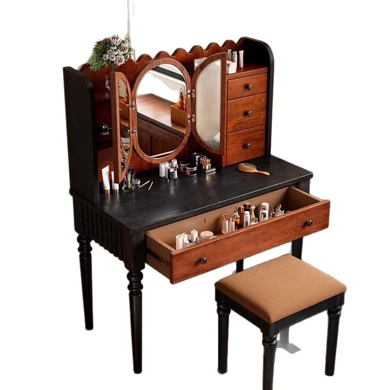 Medieval style solid wood dresser, bedroom flip cover makeup table, hidden mirror, small apartment storage dresser