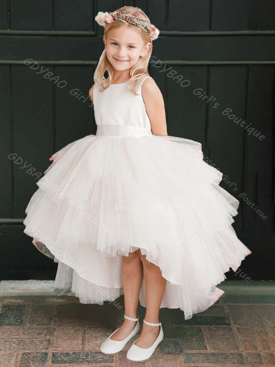 맞춤형 웨딩 플라워 걸 드레스 티어드 튤 하이로우 프린세스 파티 드레스 리본 포함 2-14세 어린이 생일 파티 볼 가운