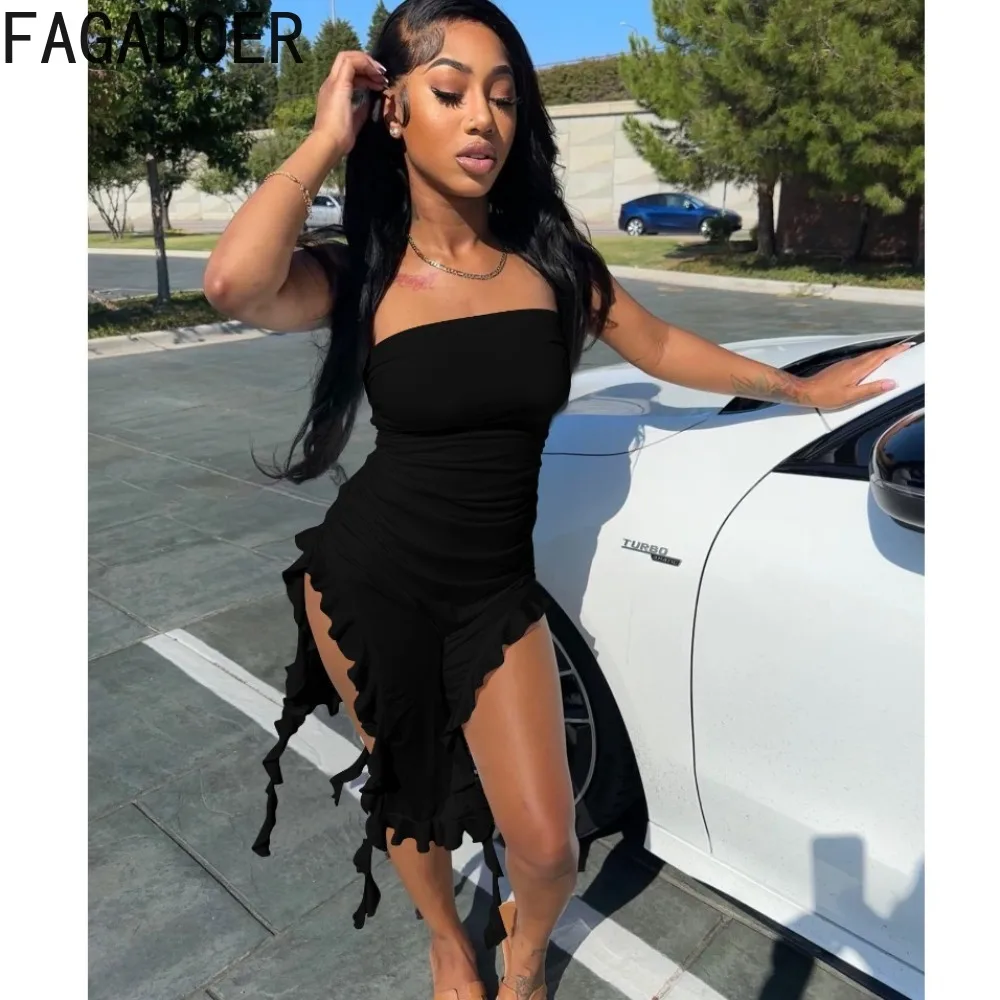 

FAGADOER Sexy Ruched Ruffle Design Slit Tube Dress Women Off Shoulder Sleeveless Irregular Vestidos Fashion Lady Streetwear 2024