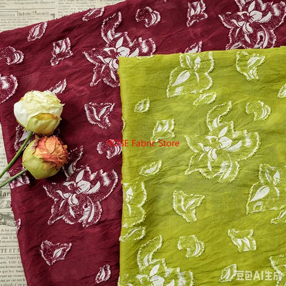 Fresh Style 3D Floral Short Tassel Cut Flower Jacquard Fabric for Dress Curtain Coat Camisole Home Decor