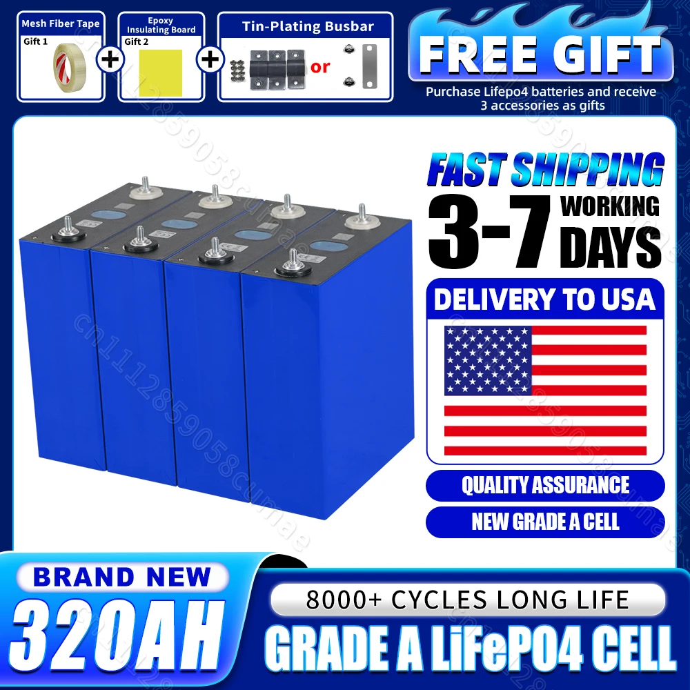 Bateria LiFePO4 Grau A 3.2V 320Ah, Estoque nos EUA, Célula LFP Prismática Recarregável para DIY 12V 24V 48V 72V 96V, para RV, Motores de Pesca, Uso Marítimo, Camping, Sistemas Off-Grid e Armazenamento de Energia Solar, com Fita Adesiva/Placa de Isolamento/Barras de Conexão