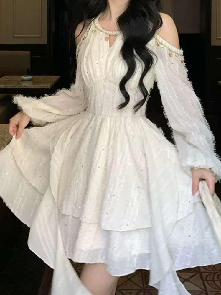 أنيقة الحلو الرسن الكشكشة فساتين متوسطة الطول الخريف Vestidos Mujer الكورية الجديدة المرأة الصلبة الجنية كم طويل ألف خط مطوي فستان