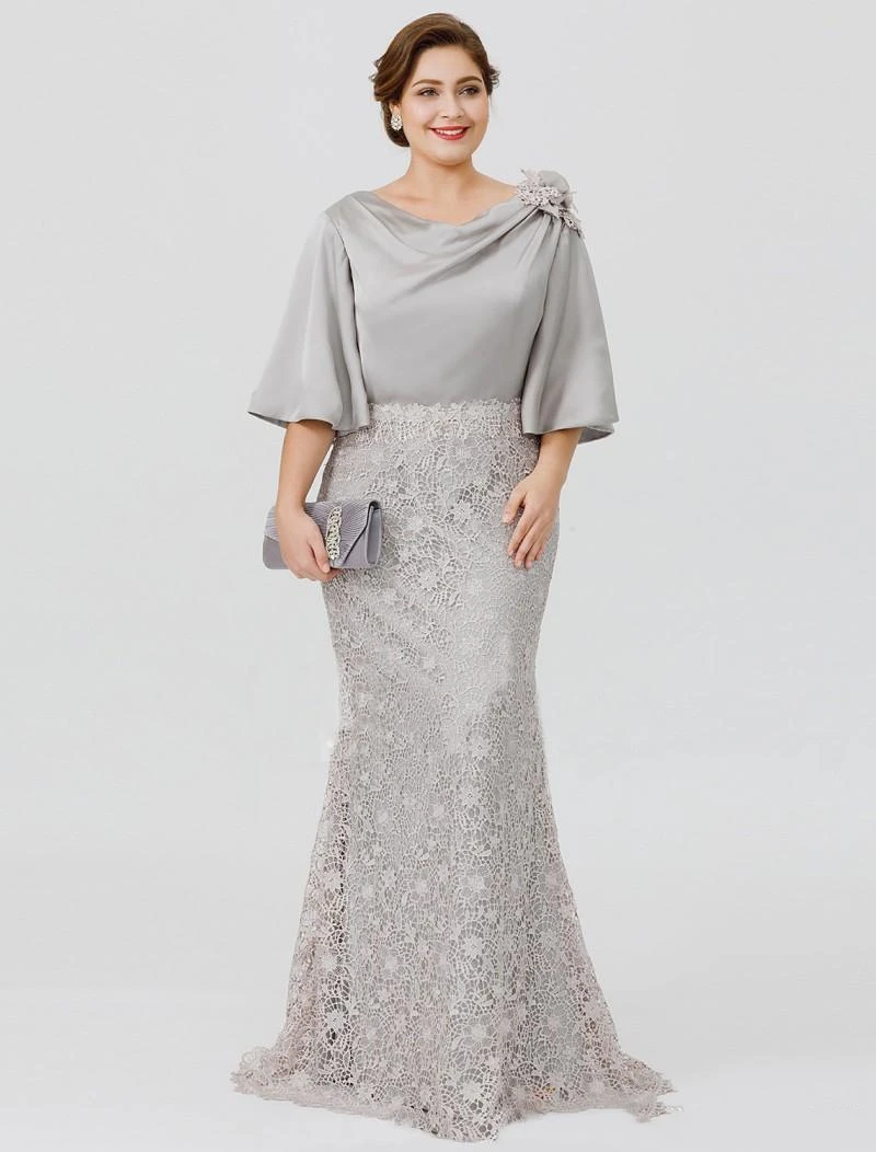 

Elegant Silver Silk Satin Lace Mother Of The Bride Dresses Flare Sleeves Long Plus Size Wedding Guest Gown Groom Mom Formal Wear