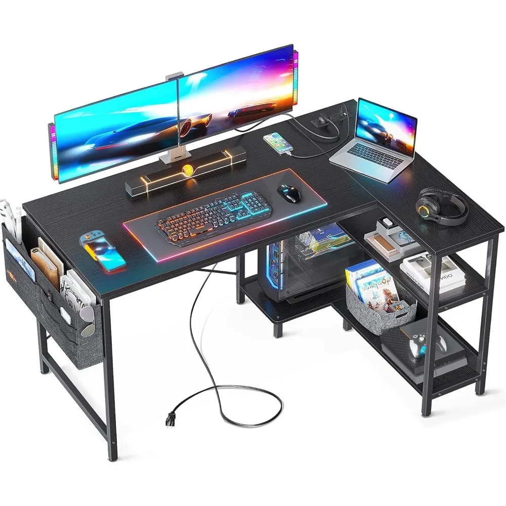 

48 Inch Small L Shaped Gaming Computer Desk with Power Outlets, Reversible Storage Shelves & PC Stand for Home Office, Simpl