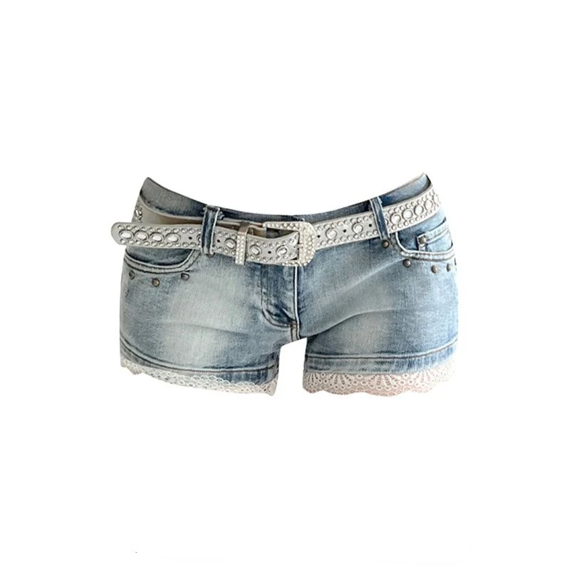 Y2k 2000s Vintage Lace Blue Jean Shorts Women Slim Sexy Short Pant Denim Clothes Bodycon Summer Streetwear Summer Korean Fashion