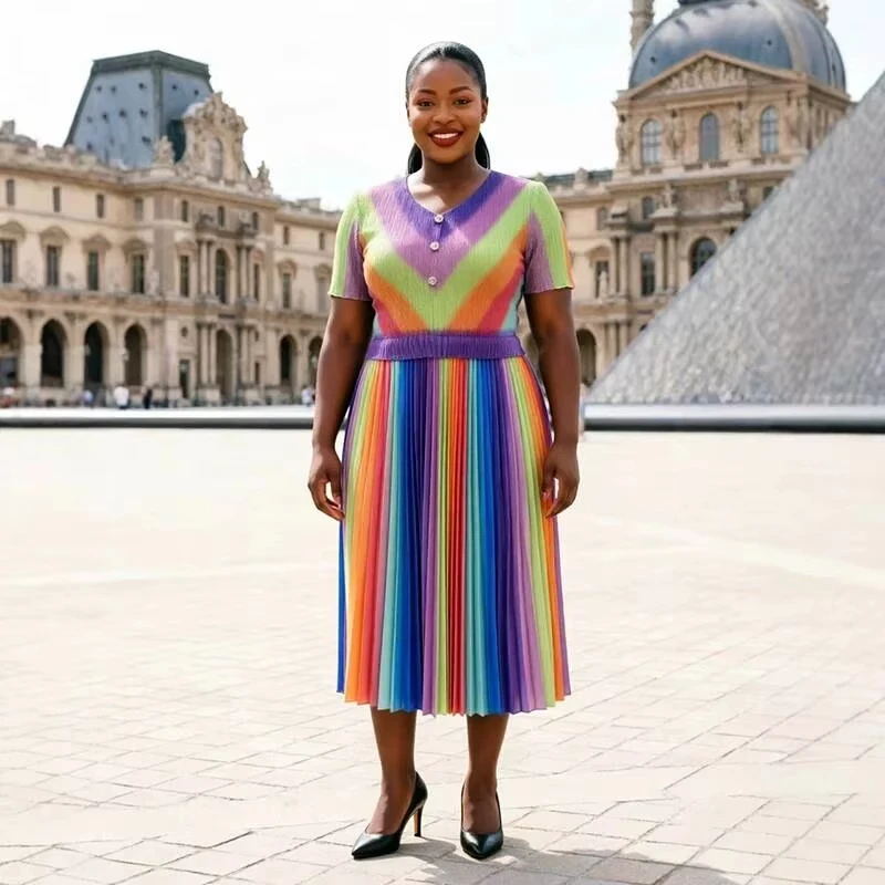 ANLAN Pleated Women's Summer Dress High Elastic Fashion Rainbow Print Elegant Short Sleeve V Collar Famale Clothing 2026 New