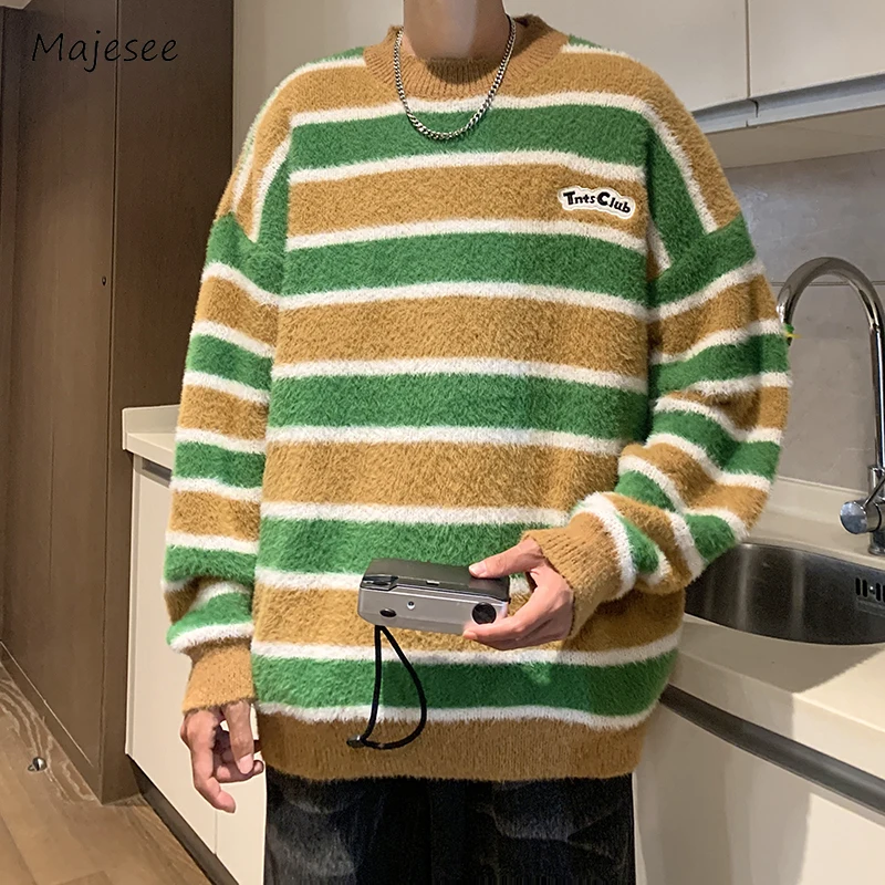 Striped Sweaters Men Panelled Baggy Retro All-match O-neck Knitwear Simple Japanese Style Streetwear Autumn Winter Youthful Ins