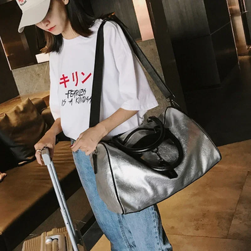 Silver Sports Bag Lady Luggage Bag In Travel Bags with Tag Duffel Gym Bag Leather Women Yoga Fitness Sport Big Gym Bags Women