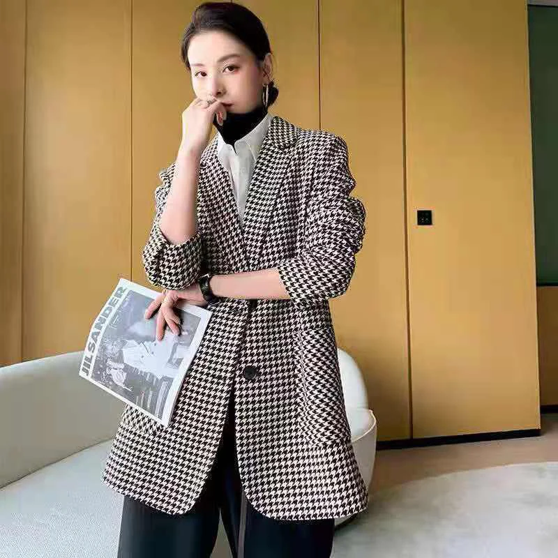 Korean Vintage Coats Women Woolen Plaid Houndstooth Blazer Elegant Spring Autumn Office Lady Belt Oversize Chic Jacket Outerwear