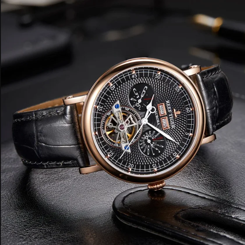 Reef Tiger Men Automatic Watch 42mm Mechanical Wristwatch Multi-Dial Perpetual Calendar Year Month Week Date