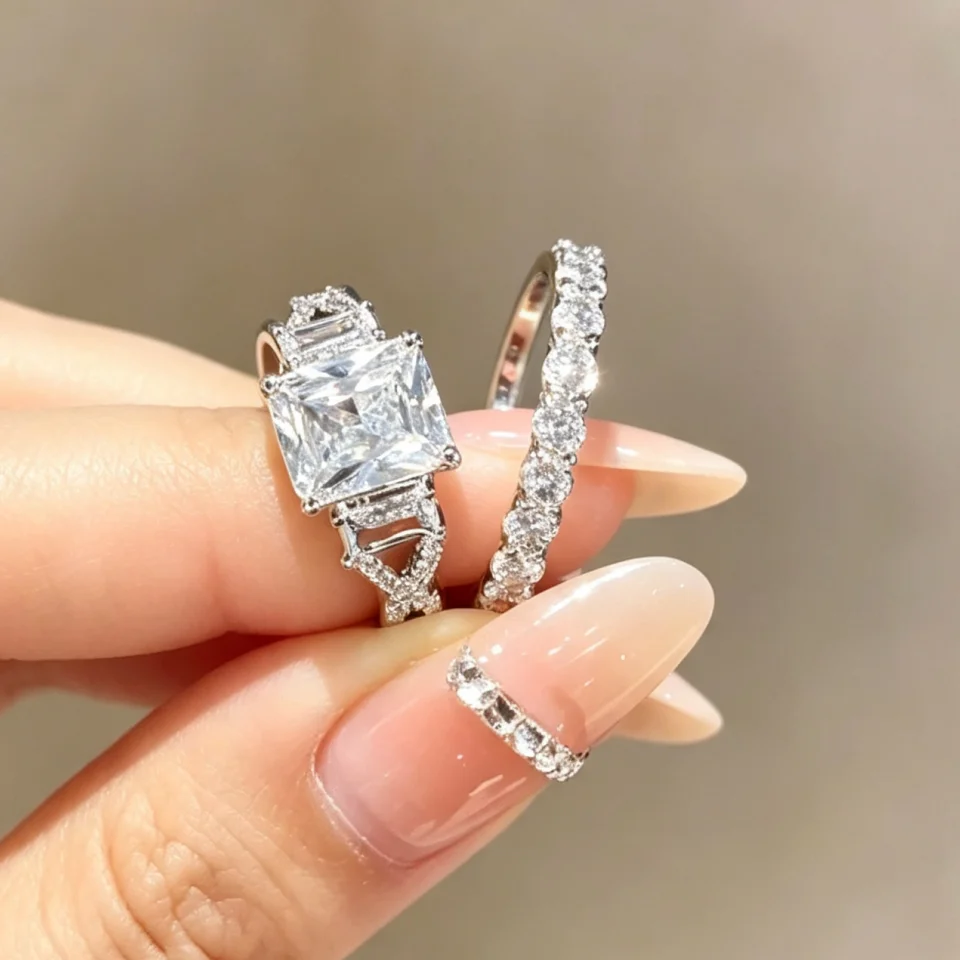 ZAKOL 2pcs/set Fashion Geometric Zirconia Rings Set For Women Elegant Stackable Ring Bridal Wedding Engagement Jewelry Gift