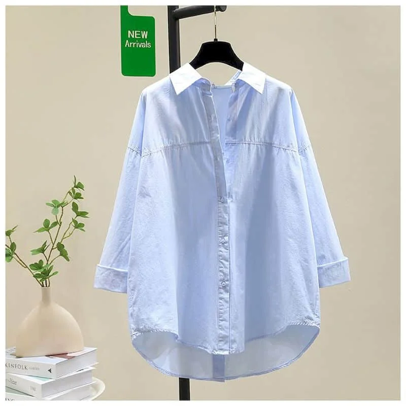Vintage Shirts Loose Back-slit Design Long Sleeve Polo-neck Casual Single Breasted French Style One-piece Blouse Women Tops