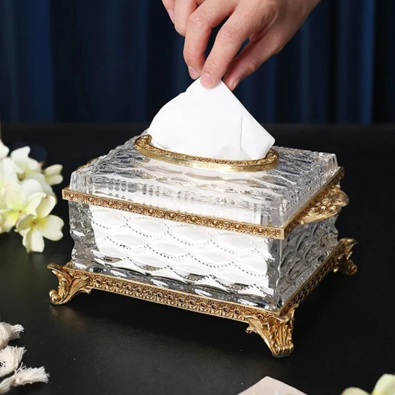 Brass Crystal Glass Tissue Box - Elegant Desktop Napkin Holder & Storage - Ideal Tissue Organizer