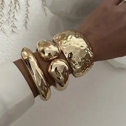 Punk Hip Hop Water Drop Cuff Wide Bangles Vintage Gold Silver Color Geometric Spring Bangles Bracelets Stainless Steel Jewelry