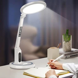 Lámpara de mesa con reloj LED, lámpara de escritorio regulable recargable por USB, luz LED enchufable, protección ocular plegable, luz nocturna de lectura