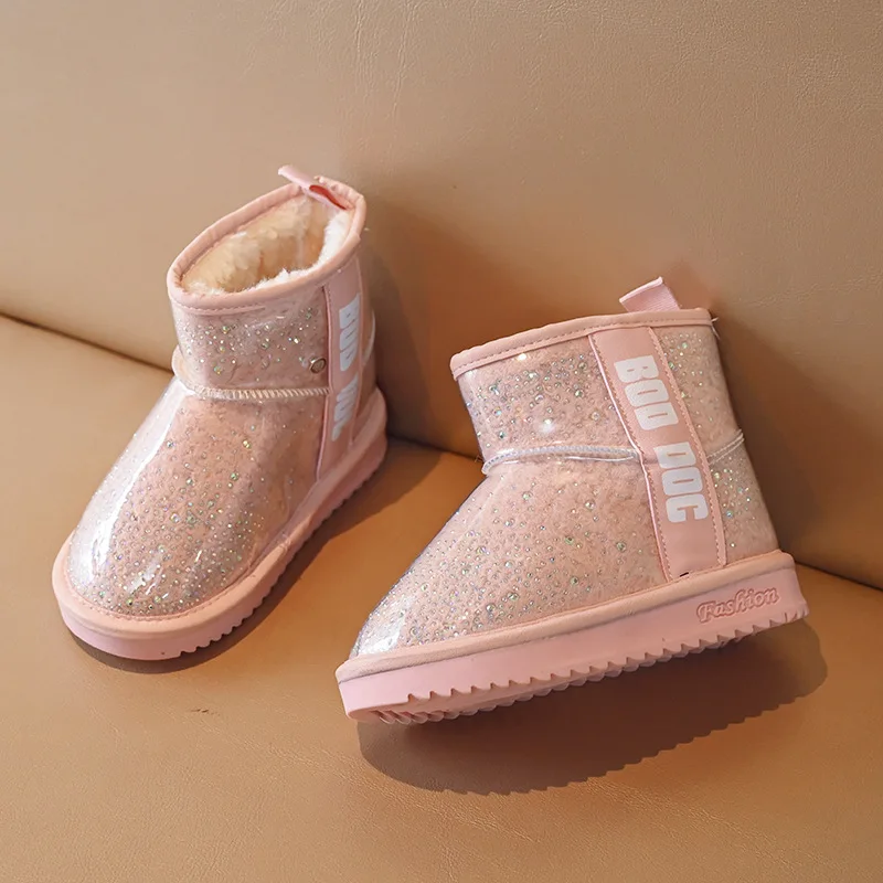 Winter New Style Girl Transparent Glitter Waterproof Cotton Coots Korean Princess Kids Warm Snow Boots XZ260