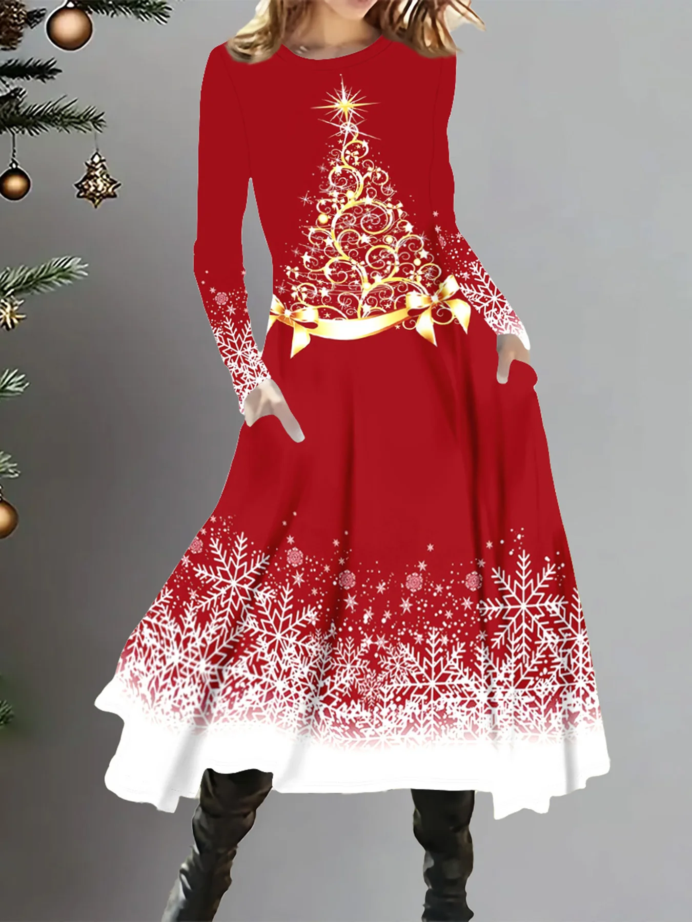 Plus Size Woman Printed Long Sleeve Christmas Dress Fashionable Women Party Dress  Xmas  Plus Size Women Clothing