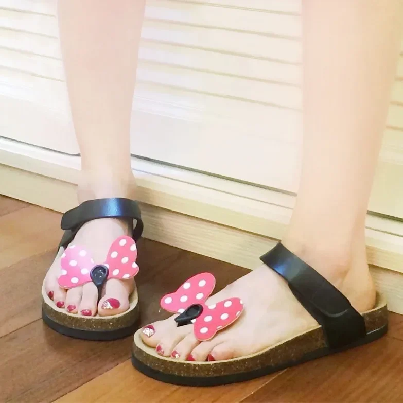 Disney cute Korean cartoon Mickey cork slippers summer female Polka dot bow rabbit sandals and slippers