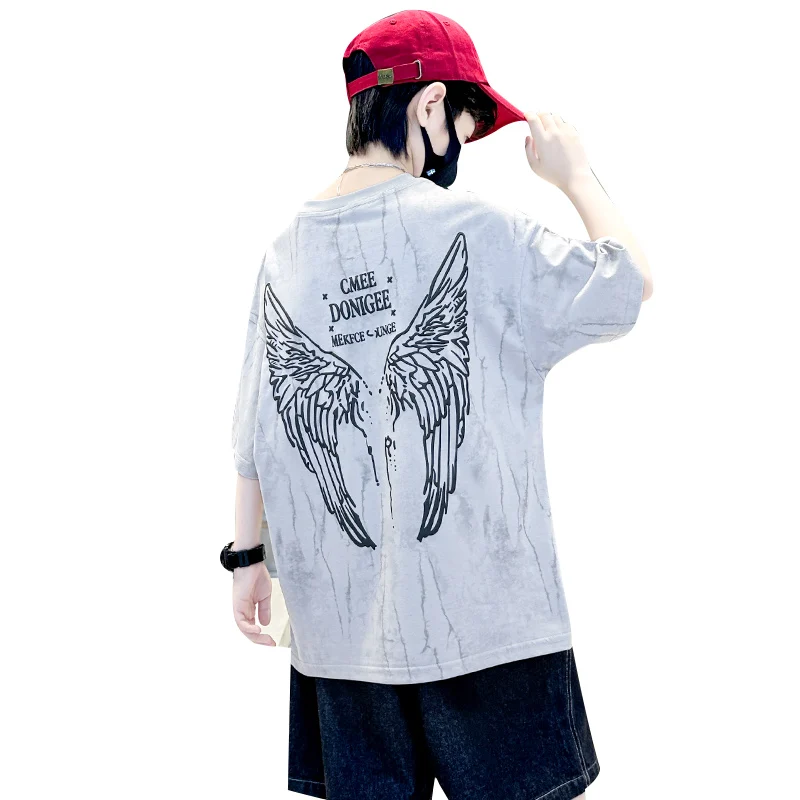 

Children New Summer T-Shirt For Boys Fashion Angel Wings Print Tshirts Kids Teenager Cotton Short Sleeve Tee Tops Costume 5-14 Y