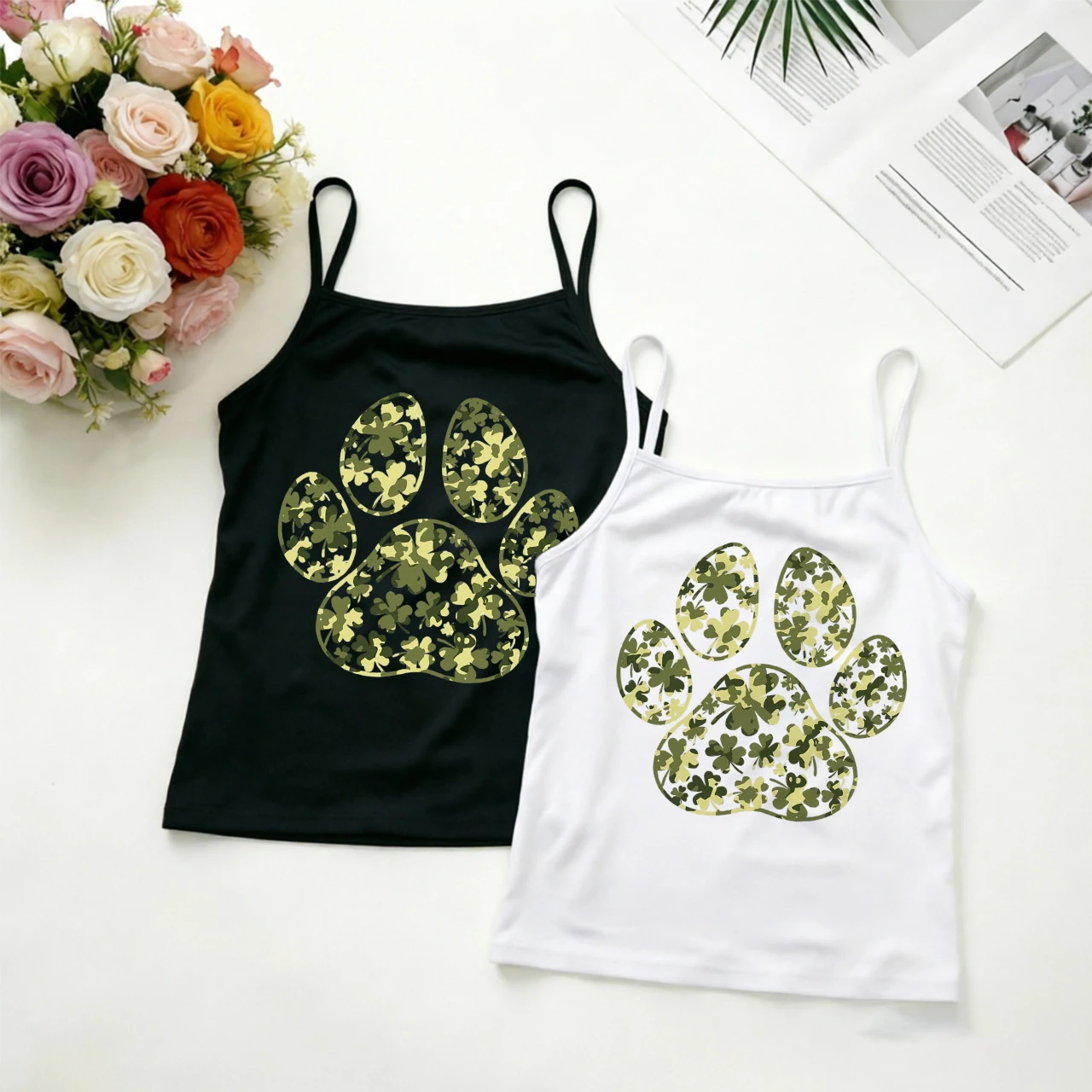 Dog Paw Clover Camisole Women Camouflage Print Graphic Tank Tops Casual Street Style Outdoor Daily Walking Loungewear