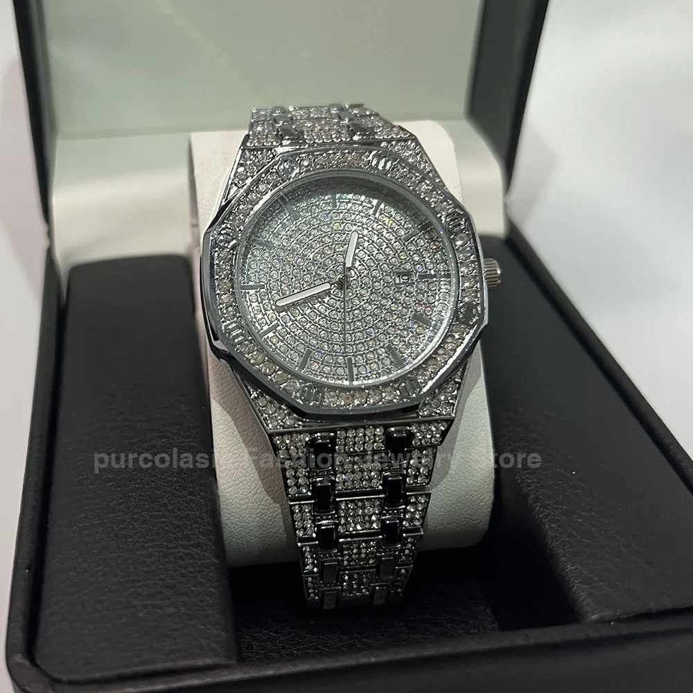 Cool Shiny Rhinestones Men Hip Hop Watch Customized Band Length Clock Iced Out Steel Octagonal Sky Star Wrist Watches