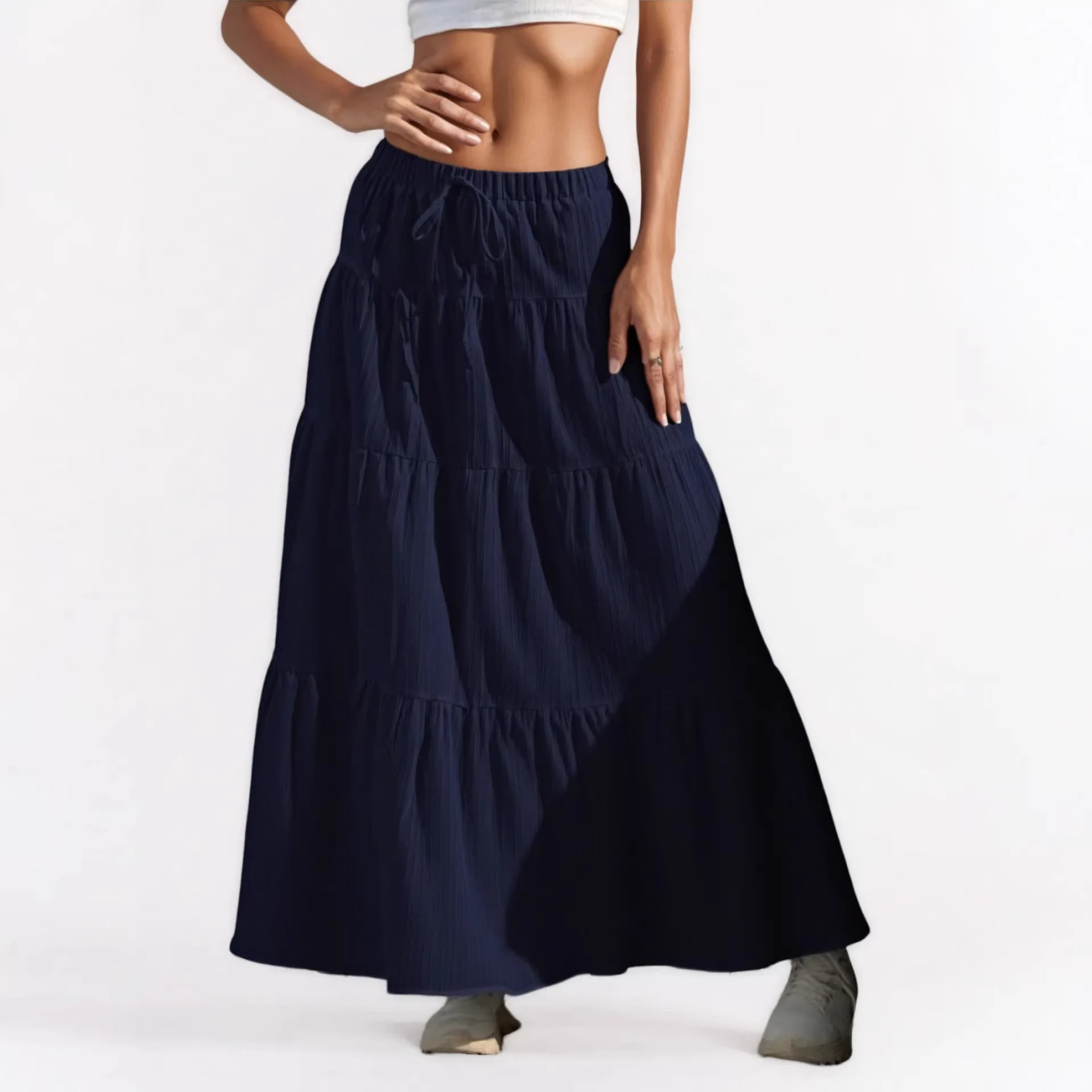 Elegant White Loose Midi Skirt Women's New Arrival 2025 Half-length Skirt with Belt Large Flounce Skirt Cute Style Polyester ...