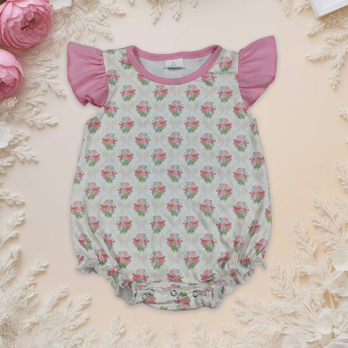 

Newborn Baby Girl Pink Flutter Sleeve Flowers Checked Ruffle Rompers Button Kids Jumpsuit Toddler Children Clothing Wholesale