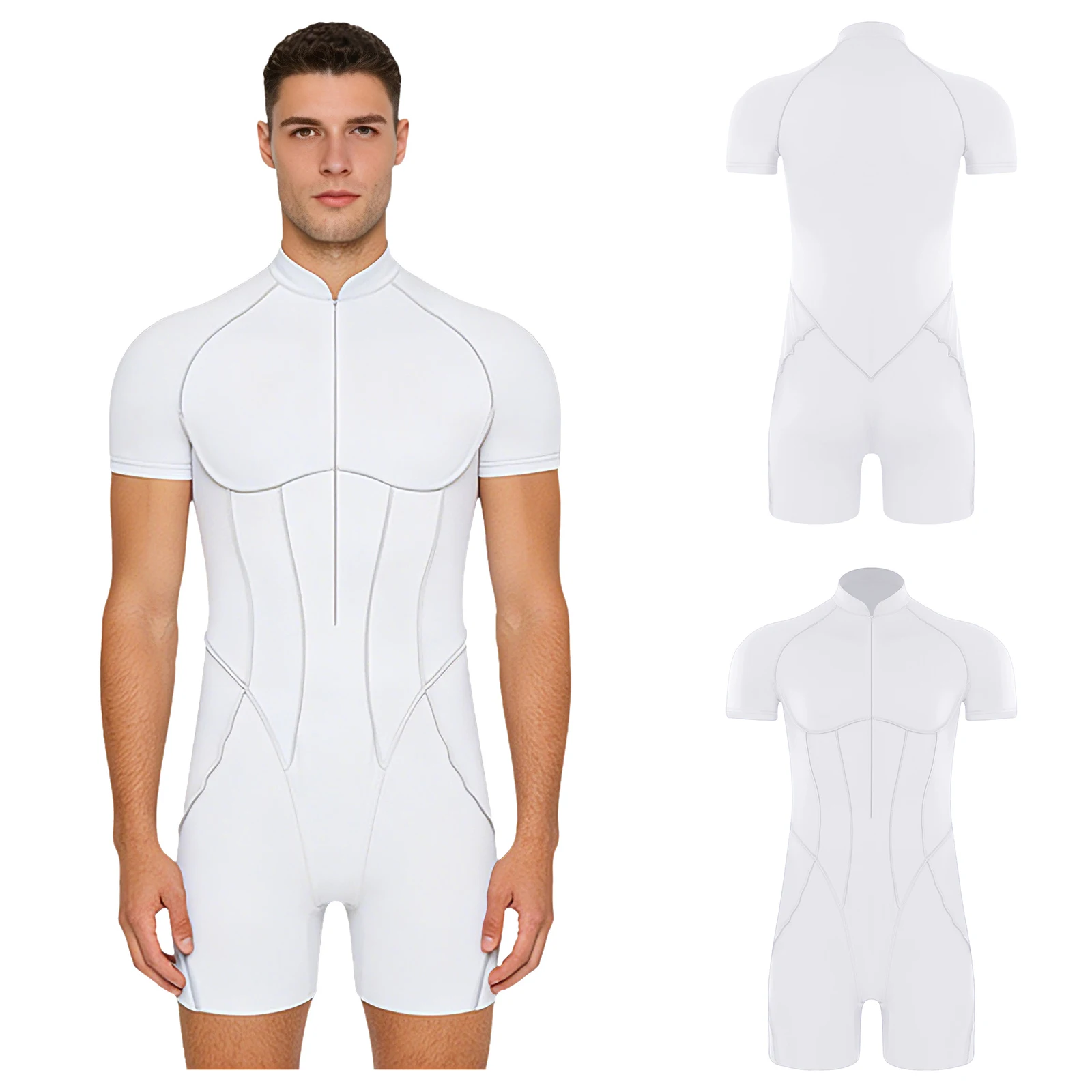 

Men Ballet Gymnastic Running Rompers Front Zip Short Sleeve Leotard Shorts Workout Jumpsuit for Bodybuilding Cycling Swimwear