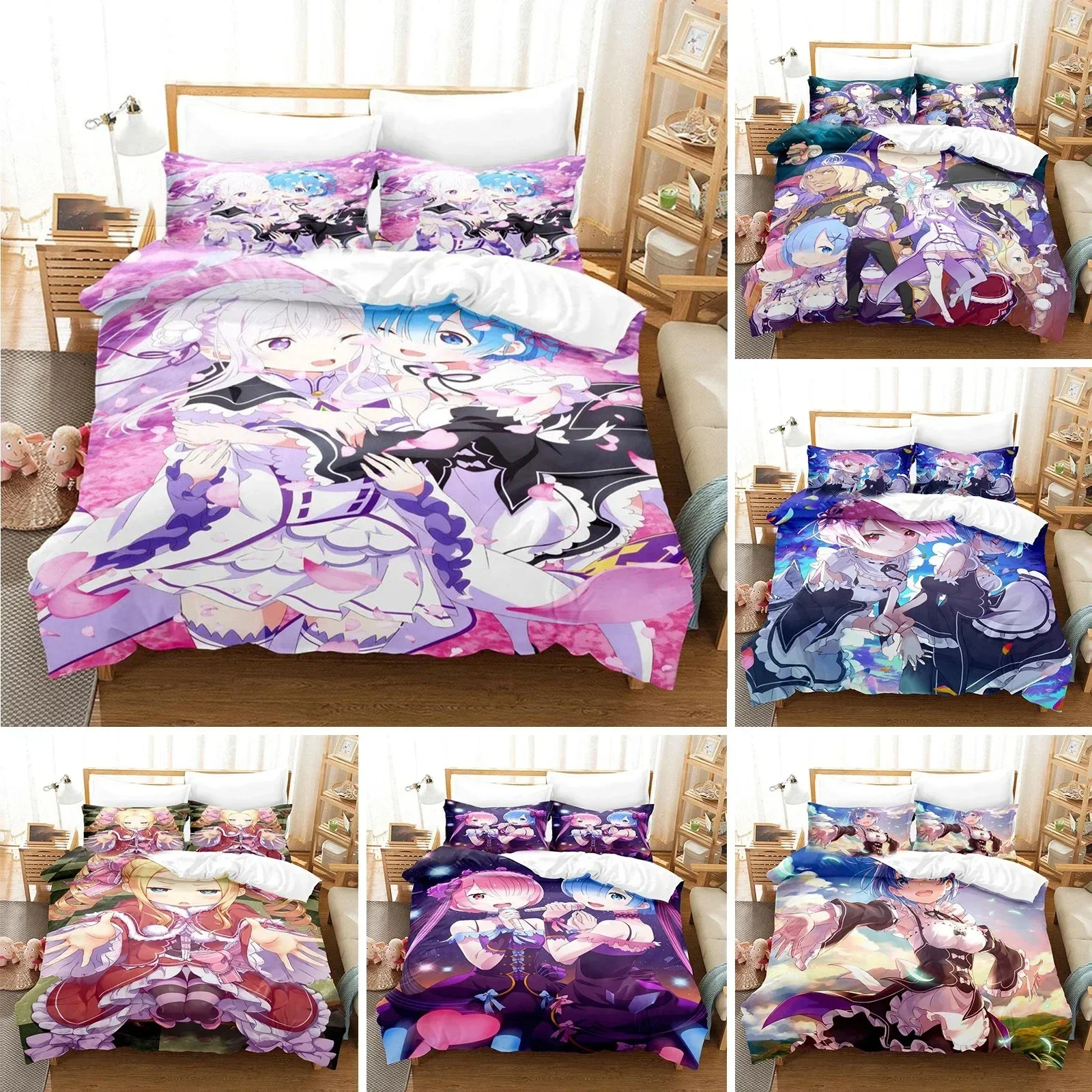 Anime Re Zero Bedding Emilia Rem Set Duvet Cover Bedroom Comforter Covers Single Twin King Size Quilt Cover Home Textile