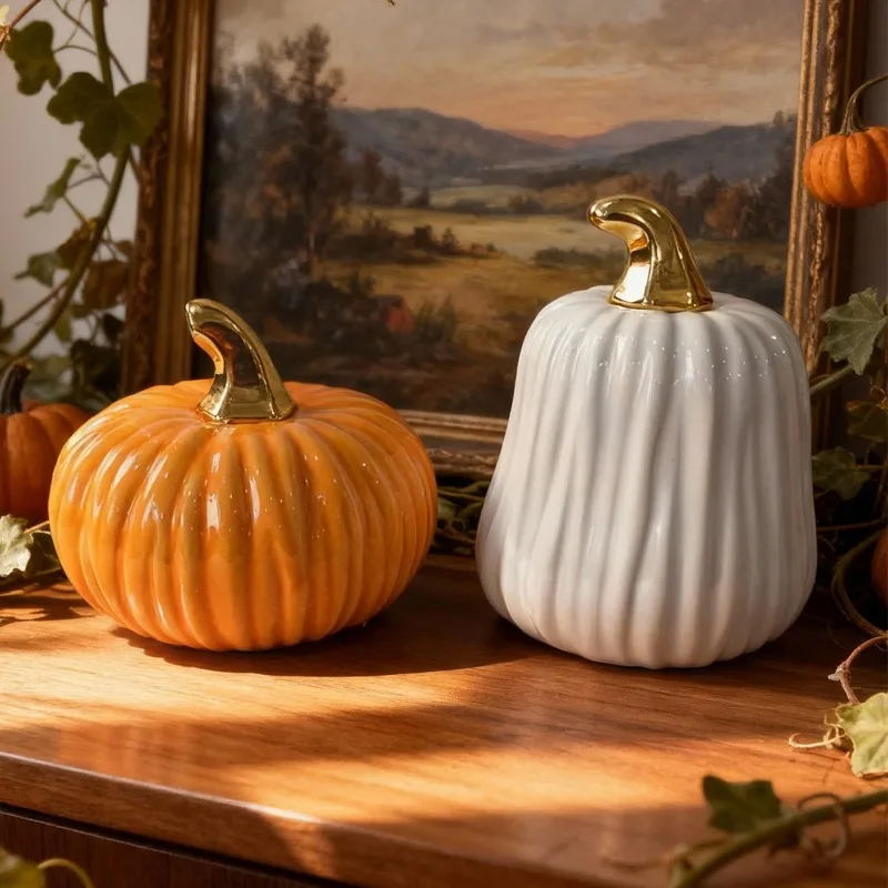 Creative thin petal golden pumpkin ceramic ornament,simple autumn holiday home desktop decor crafts,Halloween Thanksgiving decor