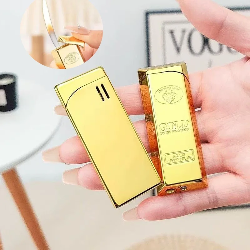 Premium Sense Ungewöhnliches blaues Flammen-Metallfeuerzeug, gerade in Goldbarren, winddichtes Feuerzeug, Raucherzubehör, Geschenkgadget für Herren