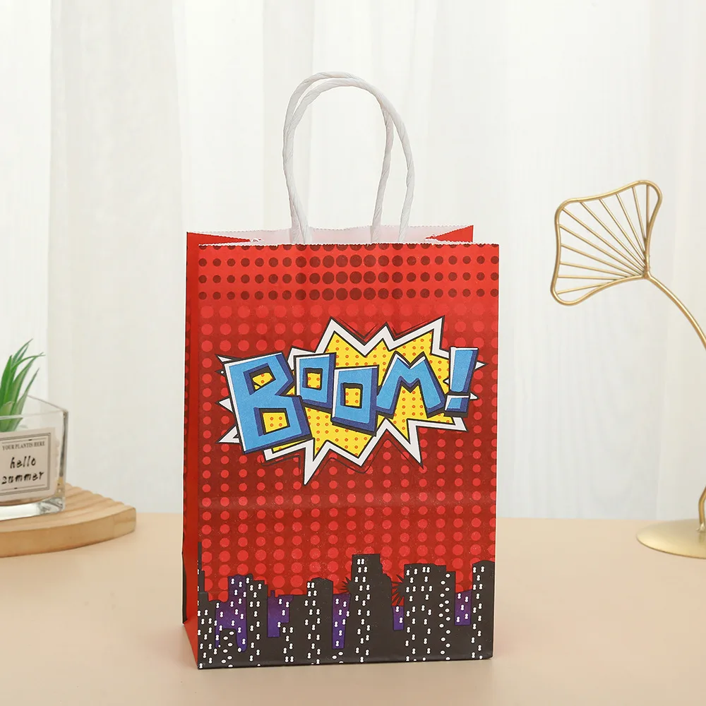 StoBag, Superhero Reusable Kraft Paper Gift Bags, Boom pattern, for birthday, party supplies, children\'s candy package, 12/30pcs