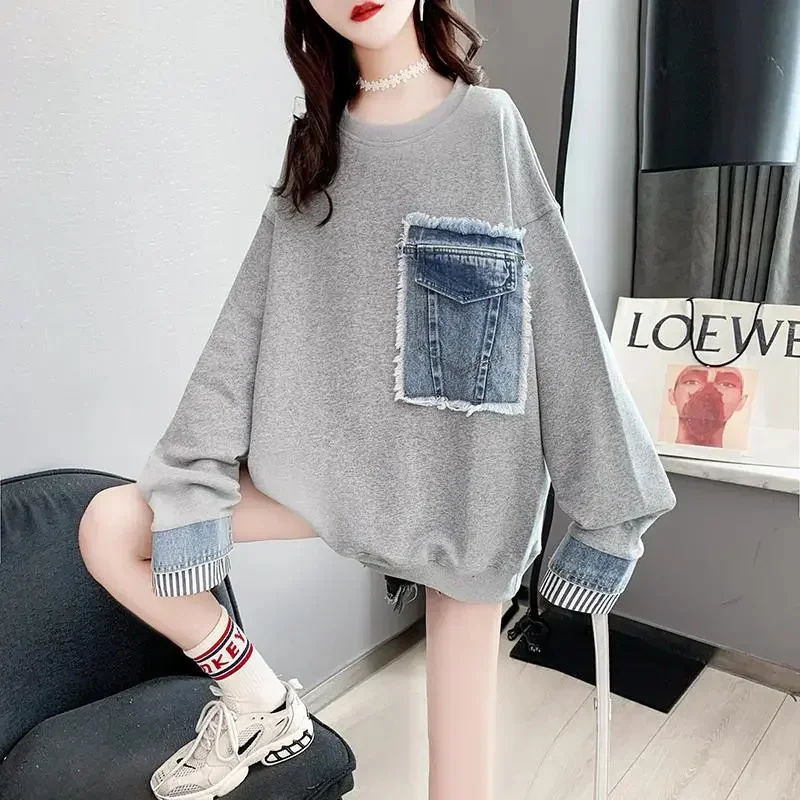 Spring Autumn Sweater Pullover Women\'s 2024 New Loose Fashion Pocket Zipper Sweatshirt Long Sleeve Denim Stitching T-Shirt Top