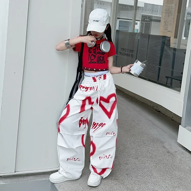 summer junior Girls Love Graffiti Casual Pants teenager girl Casual Hip Hop cargo pants kids Dance pants children clothes