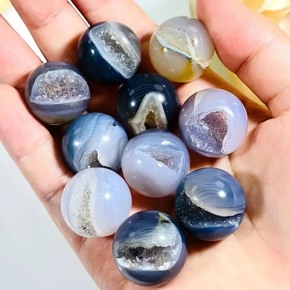 Polished Natural Agate Geode Sphere, Mini Crystal Ball for DIY Jewelry Making, Healing Gemstone Home Decor, Smile Out
