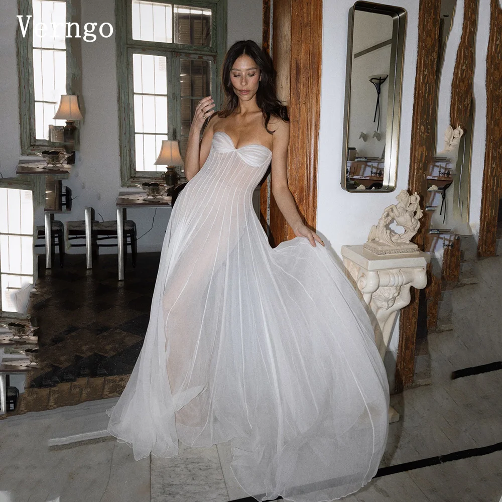 Verngo lvory Lace Wedding Dress Sweetheart A Line Bone Bridal Gowns Elegant Tight Sweap Train Women Bride Dress Customized