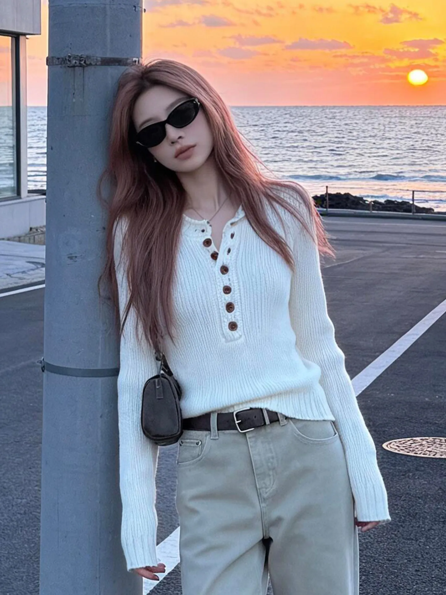 

White Knitted f Open Collar Base irt Women's Spring Autumn Slimming Inner Wear Korean Sle Faionable Small Top