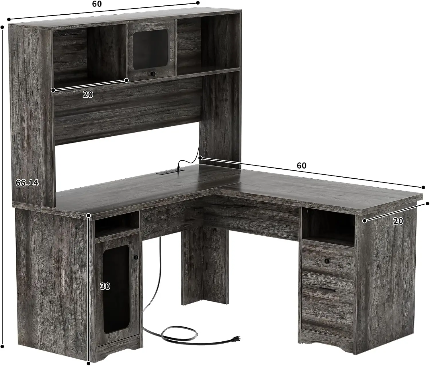 Unikito L Shaped Desk with Drawers and Hutch, Large Office Desk with Power Outlet and LED Lights, 60 Inch Modern Corner Computer