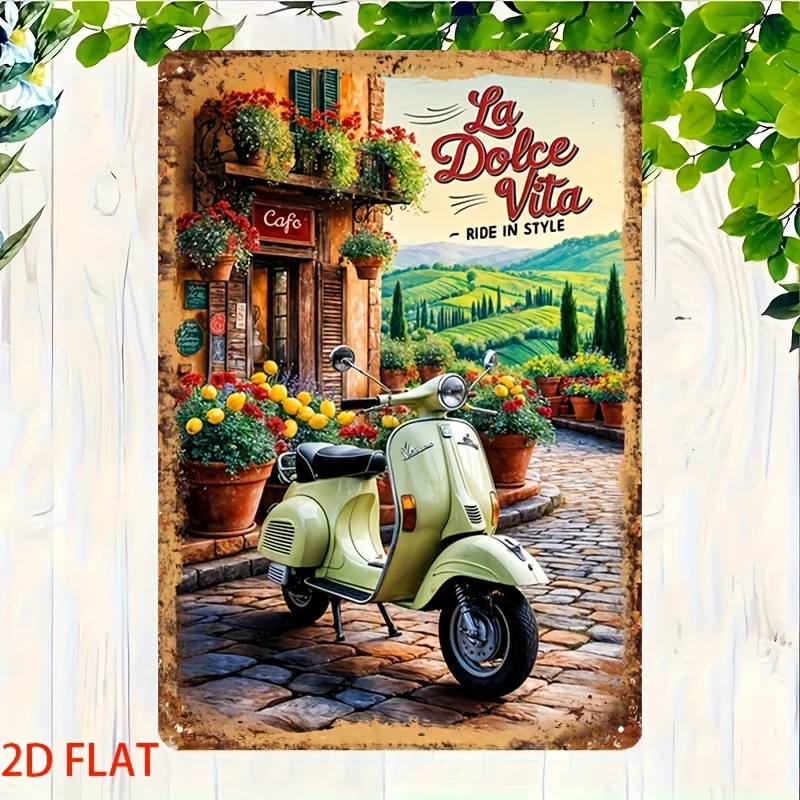 1 Piece Vintage Italian Countryside Metal Plaque - La Dolce Vita Scooter Poster - Rustic Cafe Wall Art Decor - Suitable for RV