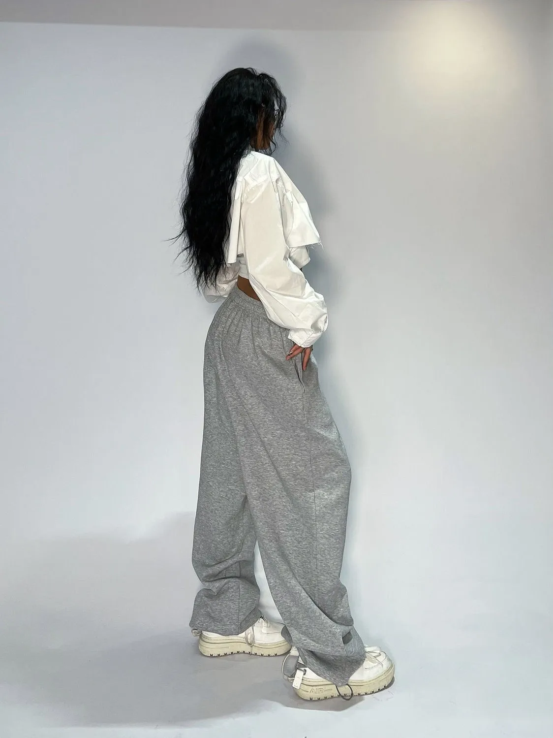 ผู้หญิงสีเทากว้างขา Sweatpants เกาหลีแฟชั่น Basic Casual Harajuku Joggers กางเกงกางเกง Chic สีเทา Y2K Sweatpants