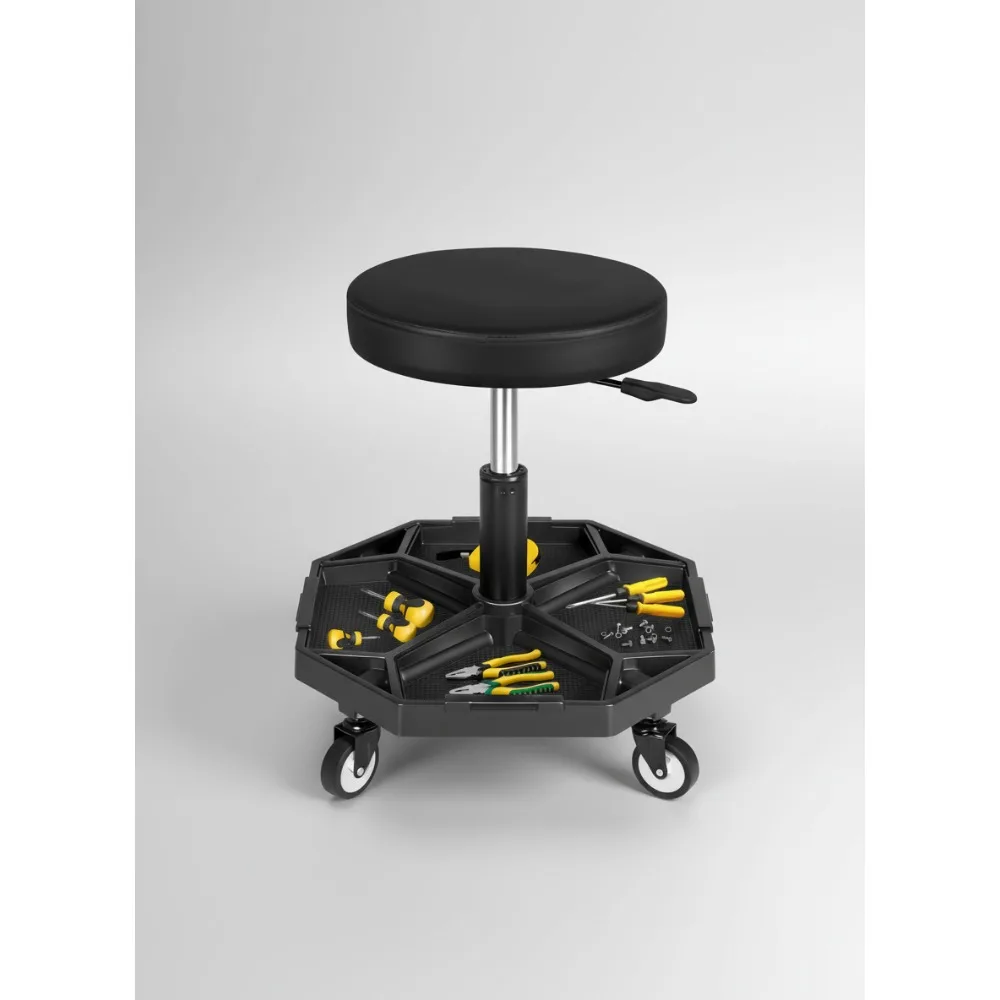 

Heavy Duty Rolling Garage Seat with 4 Removable Tool Trays - Adjustable Pneumatic Mechanic Stool for Auto Repair Workshop